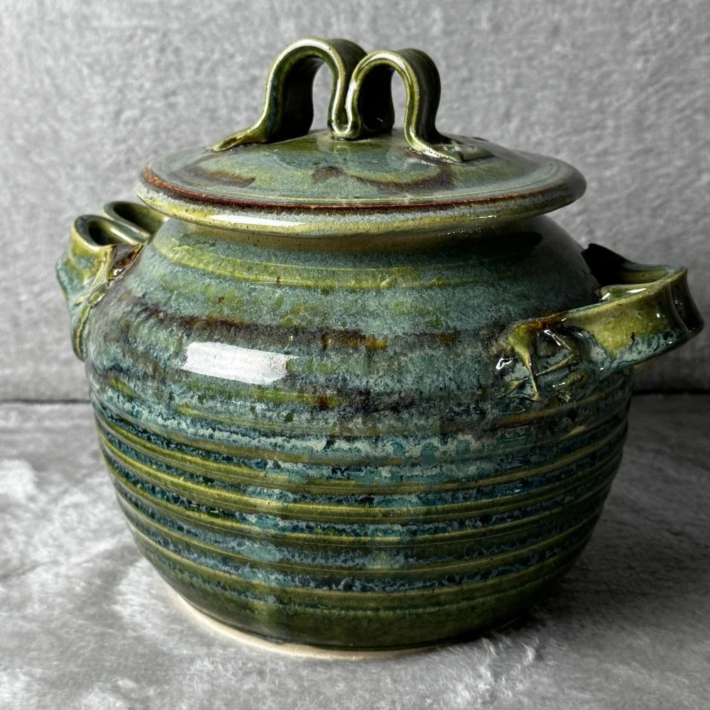 Studio Pottery Lidded Canister Green Brown Glaze Rustic Stoneware Crock Tureen